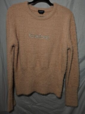 Bebe Fuzzy Eyelash Knit Rhinestone Logo Sweater - Blush Pink / Large